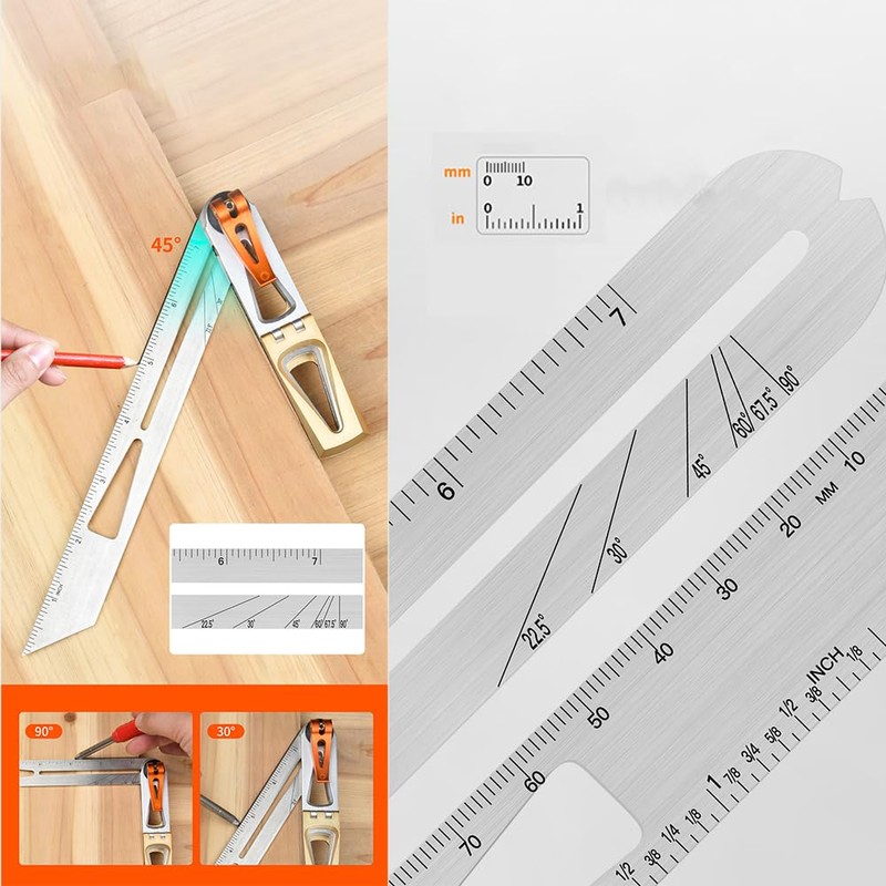 Woodworking 90/45 Degree Scriber Ruler, 6:1/8:1 Dovetail Gauge, T-Shape Multi-Angle