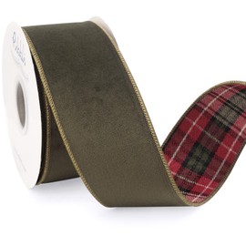 Ribbli Moss Green Velvet Wired Ribbon with Plaid Reversible 2.5 Inch Christmas Ribbon for Gift Wrapping Christmas Tree Decoration Crafts Wreaths Supplies-Continuous 10 Yards