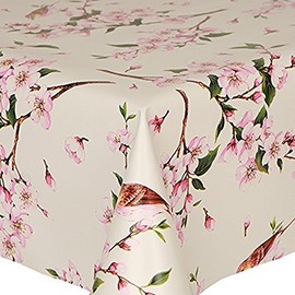 PVC Tablecloth Birds 2 Metres (200cm x 140cm), Pretty Flowers Oriental Floral Twig Leaves, Pink Brown Latte Green, Wipe Clean, Vinyl / Plastic Table Cloth by Kitchenwise