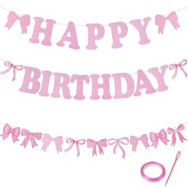 BOXOB 28pcs Happy Birthday Banner with Pink Bow, Bows Birthday Decoration Garland Set Paper Bows Coquette Party Decor for Women and Girls Birthday Party Supplies