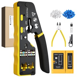 Proster RJ45 Crimping Tool - 3 in 1 Pass Through RJ45 Crimper Ethernet Crimping Tool for 8P RJ45 Cat5/5e Cat6/6a & 6P RJ11 RJ12 with Cable Tester Stripper 50pcs Cat6 Connector and Protective Cases