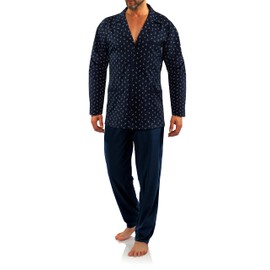 sesto senso Elegant Men's Long Button Down Pyjamas 100% Cotton Pyjamas with Button Placket, Pattern M2 - Dark Blue