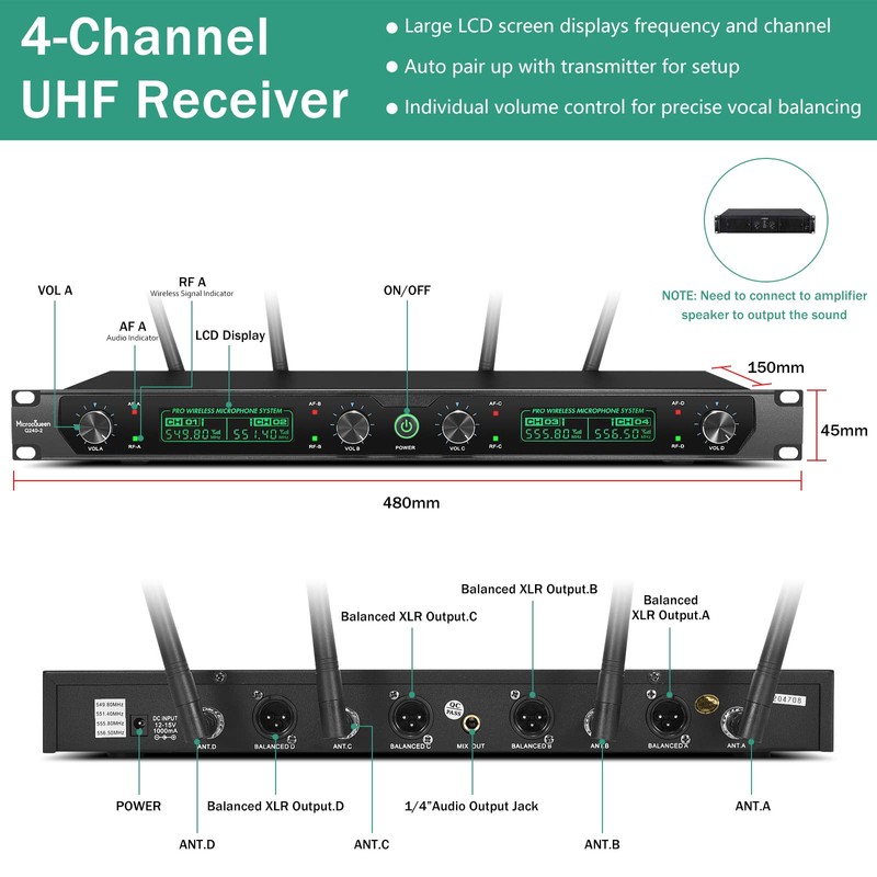 MicrocQueen Wireless Microphone System, 4-Channel UHF Professional Mic, Auto Pairing
