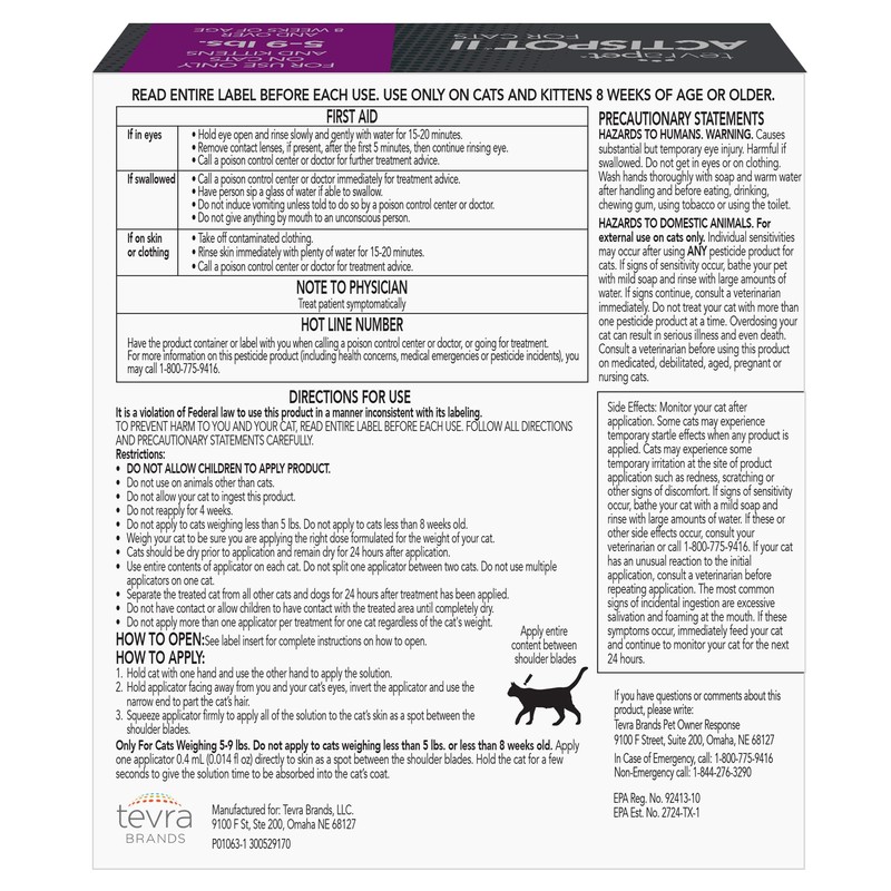 TevraPet Actispot II Flea Treatment for Small and Medium Cats