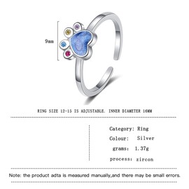 Cute Dog Paw Print Ring Girls Cat Paw Open Rings 925 Sterling Silver Adjustable Size Ring for Women Jewelry Gift (Silver)