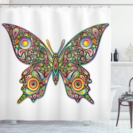 Ambesonne - Cortina de ducha de mariposas, diseño psicodélico de mariposas, diseño de espirales de vida silvestre, diseño de ojos silvestre, tela de tela, juego de decoración de baño con ganchos, 69 pulgadas de ancho x 84 pulgadas de largo, multicolor bl
