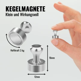 Poppstar 18 Cone Magnets (12 x 16 mm, Strong, 3 kg Holding), Silver