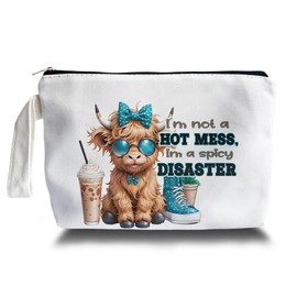 ARPTCN Funny Highland Cow Makeup Bag - I'm Not a Hot Mess I'm a Spicy Disaster, Highland Cow Themed Lover Gifts for Girls Mom Women, Cosmetic Travel Bags for Women