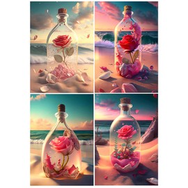 4 Pack Diamond Painting Valentine's Day 30 x 40 cm Diamond Painting Landscape Beach and Sea 3D Ai Diamond Painting Rose in Bottle Adult Crystal Rhinestone Embroidery Cross Stitch Embroidery Set Adults