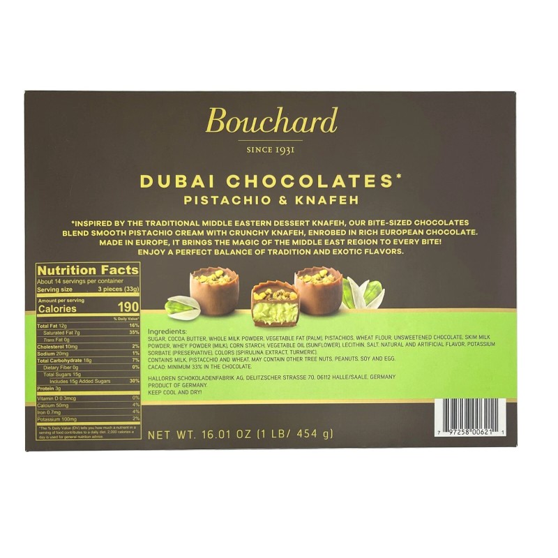Bouchard Luxurious Dubai Chocolate With Pistachio & Knafeh, 41 Pieces