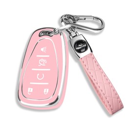 QBUC for Chevy Key Fob Cover with Leather Keychain Soft TPU Protection Case Compatible with 2016-2026 Chevy Malibu Blazer Traverse Equinox Trailblazer 5-Buttons(Chrome Trim Pink)