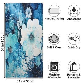 KOBLEN Toalla de playa de gran tamaño con flores azules, para mujeres y niñas, toalla de microfibra ligera a prueba de arena, secado rápido, 31 x 61 pulgadas, adecuada para piscina, yoga, toalla de