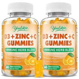 Youlikee 2 Pack Vitamin C + D3 + Zinc Gummies for Adults, Immune Support Supplement with Elderberry, Echinacea & Mullein Leaf - Powerful Antioxidant, Sugar Free, Orange Flavor, 120 Count