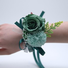 OUKEYI 2PCS Rose Flower Wrist Corsage Boutonniere Set,Boutonniere for Men Wedding White Rose Corsage Wristlet for Women Bride Bridesmaid Wrist Corsagefor Wedding Party Prom Decorations (Dark Green)