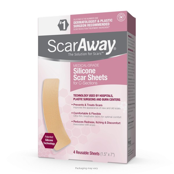 ScarAway Advanced Skincare Silicone Scar Sheets for C-Sections, Reusable Sheets (1.5” x 7”) for Hypertrophic and Keloid Scars from Injury, Burn, Surgery and more, 4 Sheets