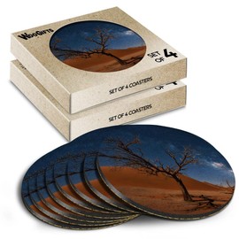 8 x Round Coasters - Milky Way over Dune 45 in Namibia Cork Backed MDF Glossy Tea Coffee Accessory #51460