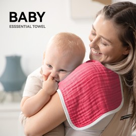 Synrroe Muslin Burp Cloths Large Pack of 10 Extra Absorbent and Soft 6 Layers 20 by 10 Inches 100% Cotton (Rose Red 10 Pack)