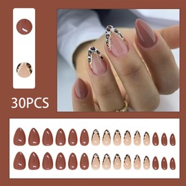 French Tip Press on Nails Short Almond Fake Nails Red Brown Solid Color Glue on Nails Leopard Print False Nails with Gold Glitter Design Short Full Cover Acrylic Stick on Nails for Women 24PCS