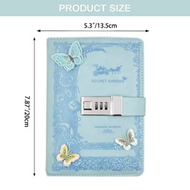 NectaRoy Lockable Diary, PU Leather Password Notebook Agenda(Butterfly decor), B6 Secret Travel Journal with Lock for Office School Supplies Student Stationery Birthday Gift, 200x135mm