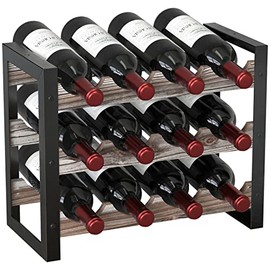 J JACKCUBE DESIGN Rustic Wine Rack Freestanding Floor 3 Tier Stackable Display Storage for Counter-top 12 Glass Bottles Holder Liquor Shelf with Black Metal Frame - MK521A(Rustic Wood)