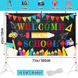 Welcome Back to School Banner, 71x43 Inch Large Polyester Back to School Decorations with 4 Brass Grommets & Double-Stitched Edges, Includes 19.69FT Ribbon, Waterproof & Reusable First Day of School Sign