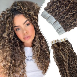 Tape in Hair Extensions Jerry Curly Human Hair Tape in Extensions Curly Remy Hair Tape ins Extensions 16 Inch Chocolate Brown Highlighted Caramel Blonde Tape on Extensions 20pcs 50g