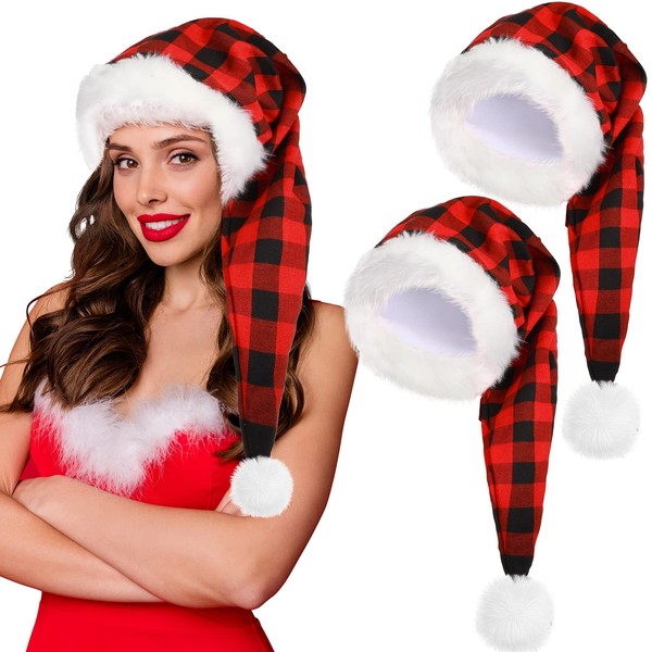 2 Santa Hat Unisex Christmas Cap Xmas Hat for Adults Holiday (Red and Black, Velvet)