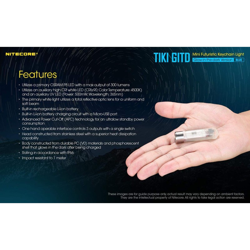 Nitecore TIKI GITD BLUE Rechargeable LED Keylight - High CRI