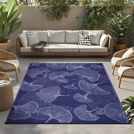Pcinfuns Outdoor Patio Rugs 4'x'6 Waterproof, Reversible Plastic Straw Camping Rug Carpet, Large Area Rugs Mats for Rv, Deck, Porch, Picnic, Beach, Balcony, Navy Blue & Grey