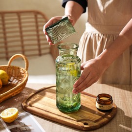 Bedside Water Carafe and Glass Set, 21.6 Oz Glass Pitcher with 6 Oz Drinking Cup Lid, Multi-Functional Mouthwash Dispenser for Bathroom Counter, Nightstand or Kitchen, Water Bottle Set