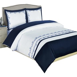 sheetsnthings 8pcs Calking Size Bed in a Bag Embroidered Amalia Navy & White Duvet Set Including Cotton 3pcs Duvet Cover Set+ 4pcs Calking Sheet Set+ 1pc King/California Down Alternative Comforter