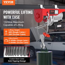 VEVOR Electric Hoist, 1320 lbs 120V Electric Winch with 328 ft Wireless & 14 ft Wired Remote Control, 40 ft Single Cable Lifting Height, Single/Double Slings, Lift Hoist for Garage Warehouse Factory