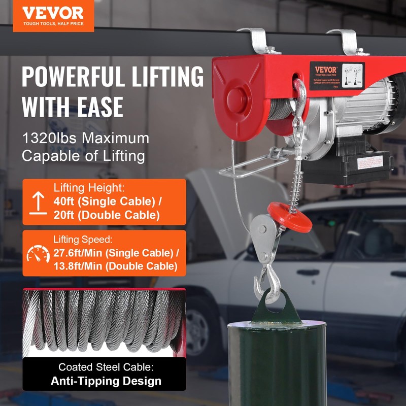 VEVOR Electric Hoist, 1320 lbs 120V Electric Winch with 328