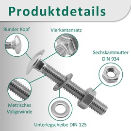 DSM - Carriage Bolts M8 x 80mm DIN 603 - Includes M8 Hex Nut DIN 934 & Washer DIN 125 - A2/V2A Stainless Steel - Round Head Square Head Screws - Pack of 10