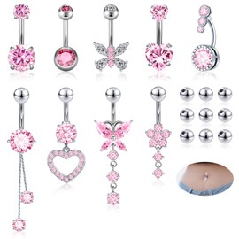 Beautidots 18pcs Belly Button Rings 14G 1.6MM Pink Stainless Steel CZ Navel Rings Belly Button Piercings Jewelry Belly Rings for Women with 9pcs Replacement Balls Silver Gold Pink
