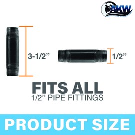 AKW (10, 1/2" x 3-1/2") Black Nipple Malleable Industrial Steel Threaded Pipe Nipples and Fittings, Plumbing, DIY Furniture, 10 Pack