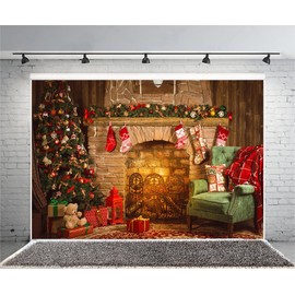 Xiaoterna 10x6.5ft Merry Christmas Photography Background Xmas Fireplace Interior Backdrop Christmas Trees Red Bow Stocking Xmas Family Party Photo Decorration Winter Holiday Home Party Photo Prop
