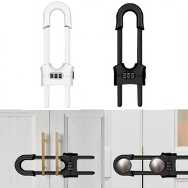 Cabinet Locks, Child Safety Sliding Door Lock, U Shape Adjustable 3 Digit Password Combination Lock for Kitchen Cabinets and Cabinets, No Drilling or Glue Mounting (Black and White
