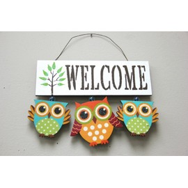 Primitive Country Wood White Welcome Owl Sign/Wall Art