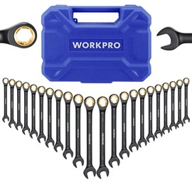 WORKPRO 22-Piece Ratcheting Wrench Set, Anti-slip Teeth, Ratchet Combination Wrench Sets with Organizer Box, Metric 6-18mm & SAE 1/4-3/4", Black Electrophoretic Coating