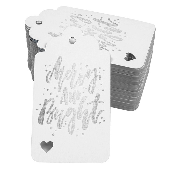 Inkdotpot Pack of 50 Merry and Bright Christmas Favor Paper Tags Craft Real Silver Foil Hang Tags
