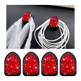 Yourkar 4PCS Bling Car Mini Hooks, Multifunctional Adhesive Small Auto Storage Hook for Key Cable Mask, Crystal Rhinestone Dashboard Hanging Hook, Interior Decor Car Accessories (Red)