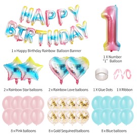 HSHRKJ 1st Rainbow Birthday Party Decoration for Girls, Boys, Number 1 Birthday Balloons, Happy Birthday Banner, Confetti and Latex Balloons, 1 Years Old Birthday Decoration Supplies