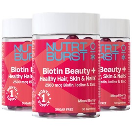 Nutriburst Biotin Beauty+ with 2500mcg Biotin, Iodine, Folic Acid, & Vitamins B6, B12, D3 • Support Healthy Hair, Skin & Nails • Sugar Free • Vegan • Mixed Berry Flavour • 90 Gummies (Pack of 3)