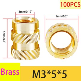 Qrity 100 Pcs Brass Knurled Nut, M3 Threaded Inserts, 3D Printing Brass Nuts, Knurleds Thread Press-in Nuts for Parts Plastic Shell, M3x5mmx5mm