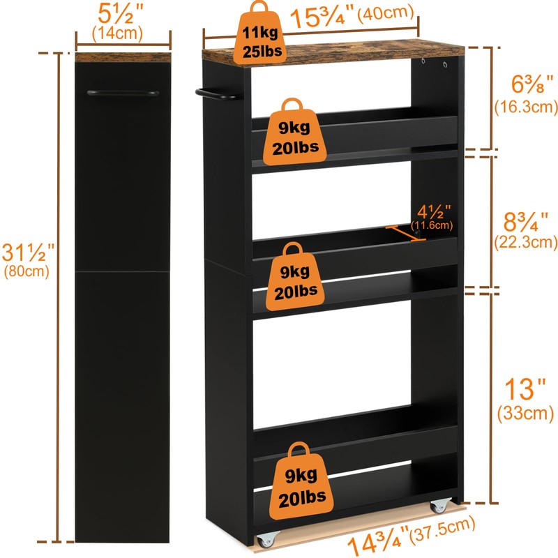 TEAMIX 4 Tier Slim Storage Cart with Handle, Small Kitchen