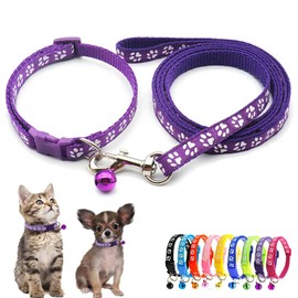 Purple Small Dog Collar with Bell Leash Set, Cat Collar with Bell Puppy Collar Nylon Soft Adjustable Buckle for XXS XSmall Tiny Boy Girl Pets Female Kitten Yorkie Chihuahua X-Small