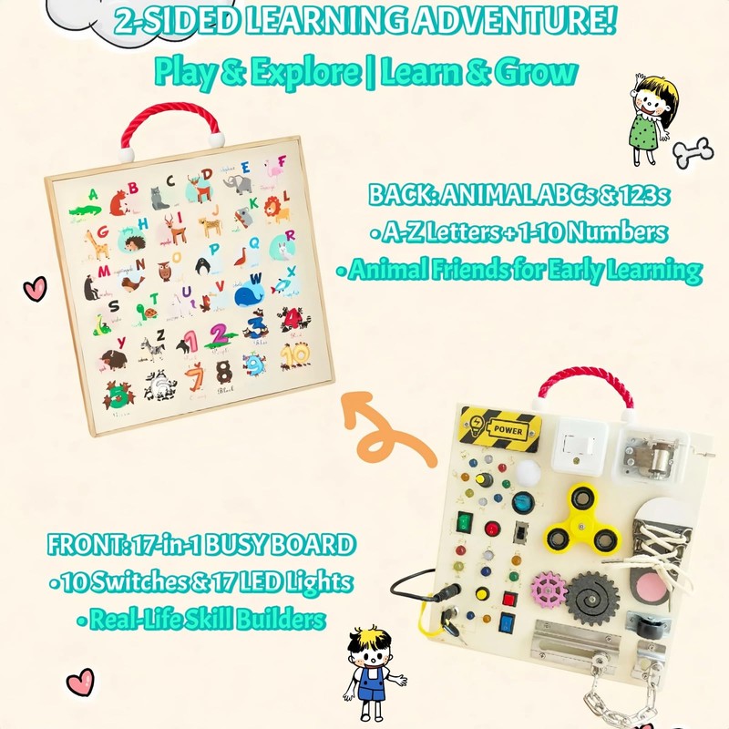 Montessori Busy Board with LED Lights - Wooden Sensory Toy