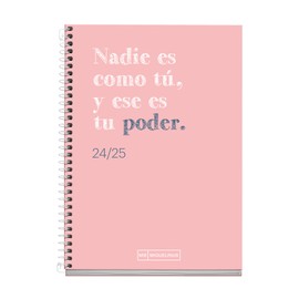 Miquelrius - School Diary 2024-2025, September 24 to June 25, 117 x 174 mm, Weekly View Agenda, Lined Cardboard Cover, Agenda 2024 2025, White Metallic Spiral, Catalan and English, Write Pink