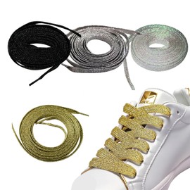 XDGBGFN 4 Pairs Glitter Shoelaces 10 mm Wide Flat Shoe Laces Gold and Silver Shiny Shoelaces Black and White Shoelaces for Sports Shoes 120 cm, Gold, silver, black, white